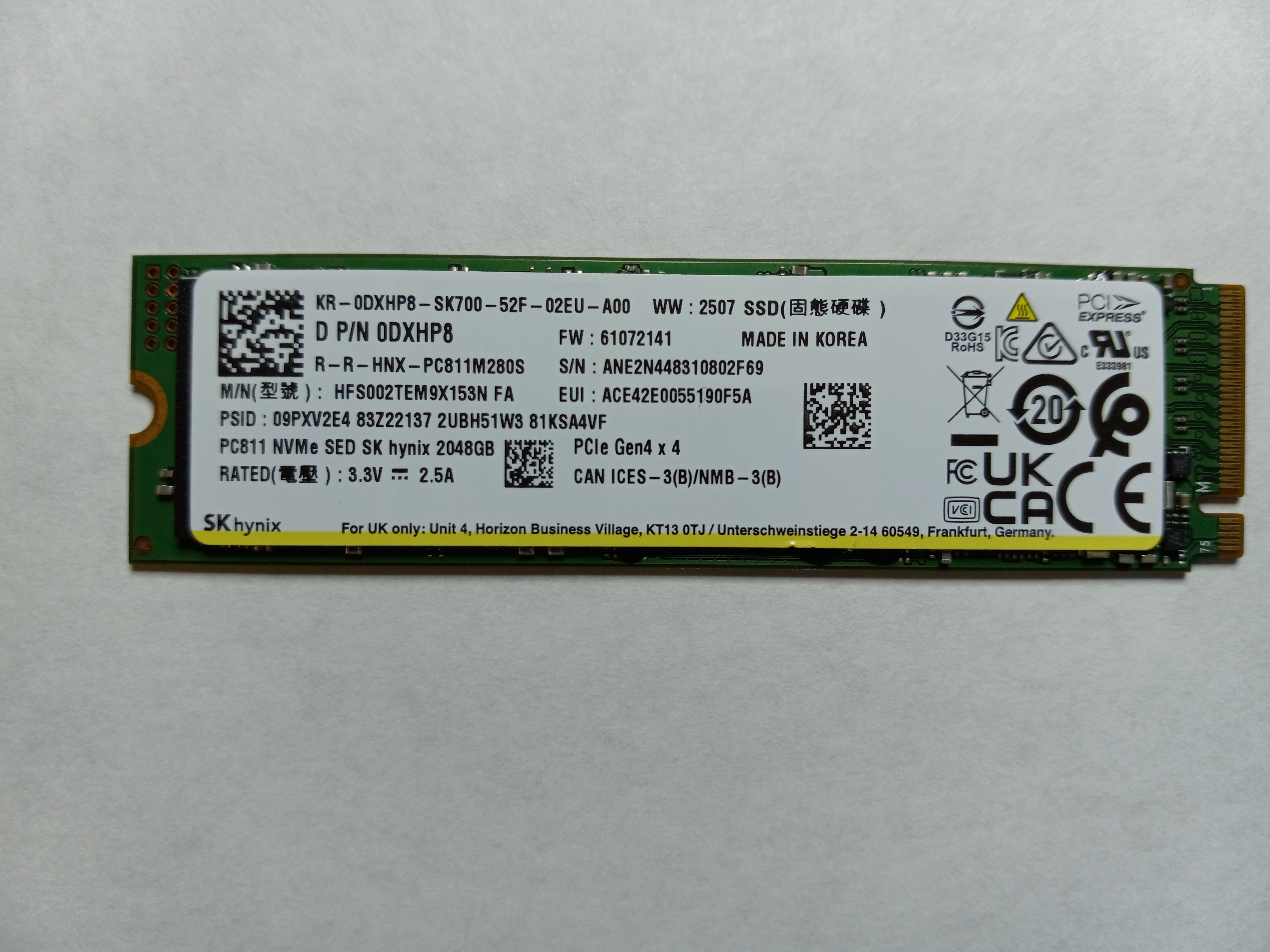 Dell DXHP8 2TB PC811 Series NVMe M.2 2280 PCI-E 4.0 x 4