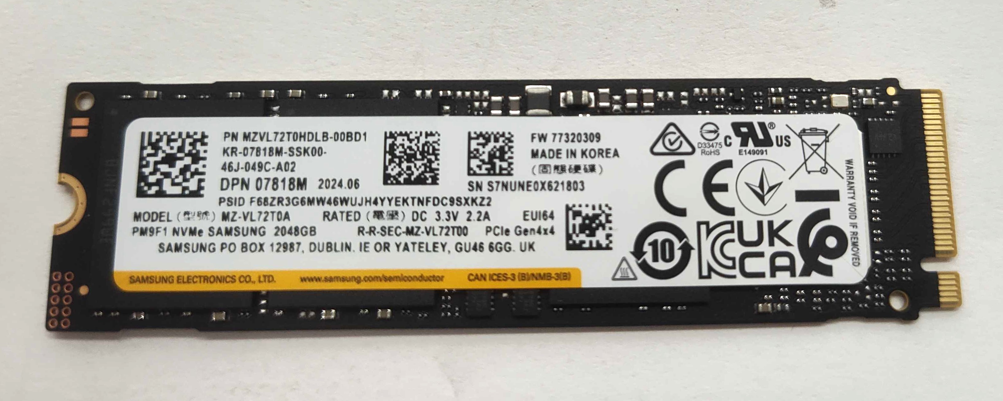 Dell PM9F1 Samsung MZVL72T0HDLB00BD1 7818M 2 TB Solid State Drive
