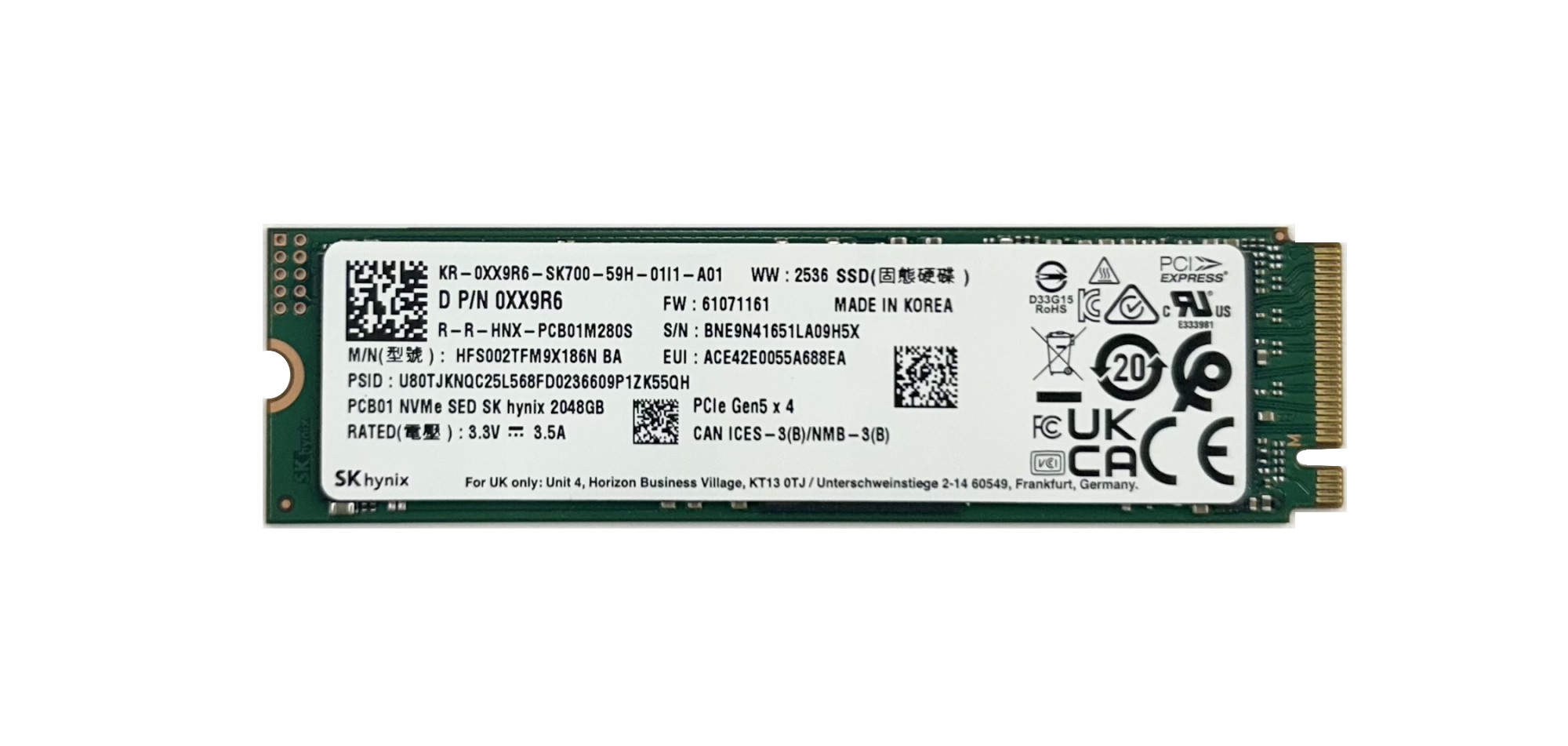 Seller photo of 2TB Pcb01-series Tlc Nvme M.2 2280 Pci-e 5.0 X4 Sed Opal 2