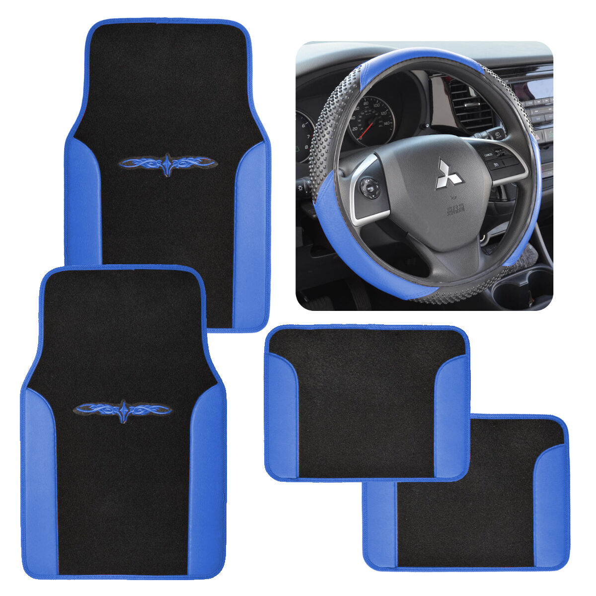 Vinyl Trim Car Floor Mats & Steering Wheel Cover Black/Blue