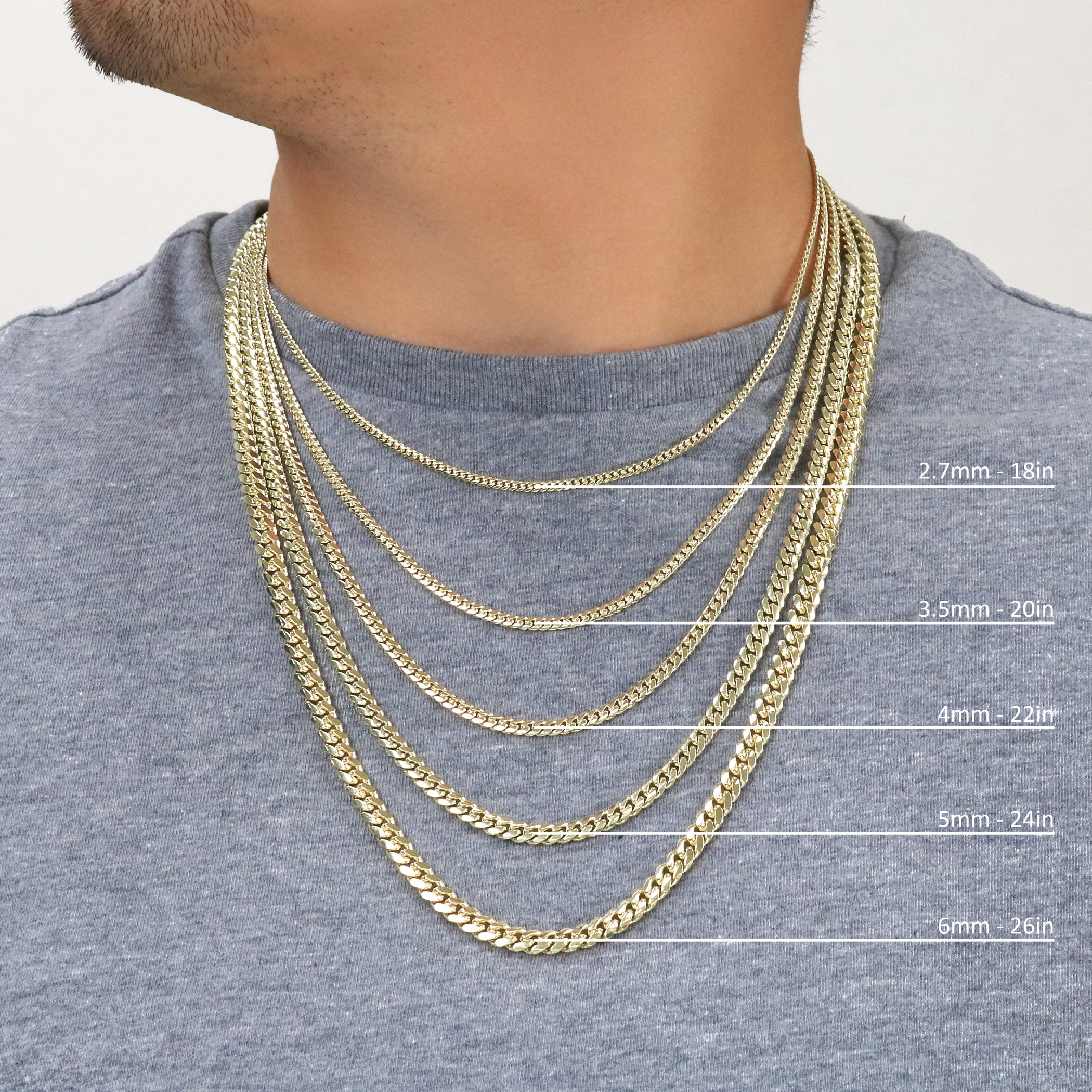 18K Yellow Gold Solid 2.7mm-7mm Miami Cuban Link Chain Necklace