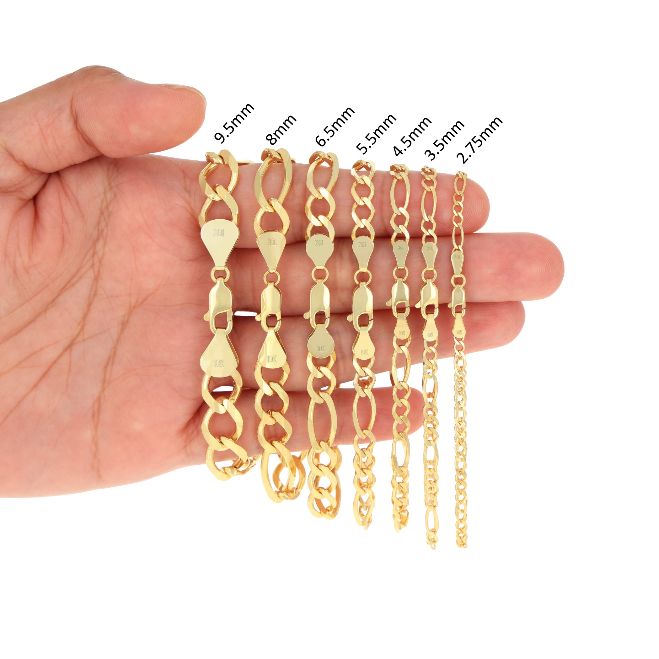 10K Yellow Gold Solid 2.75mm- 9.5mm Figaro Link Chain Bracelet 