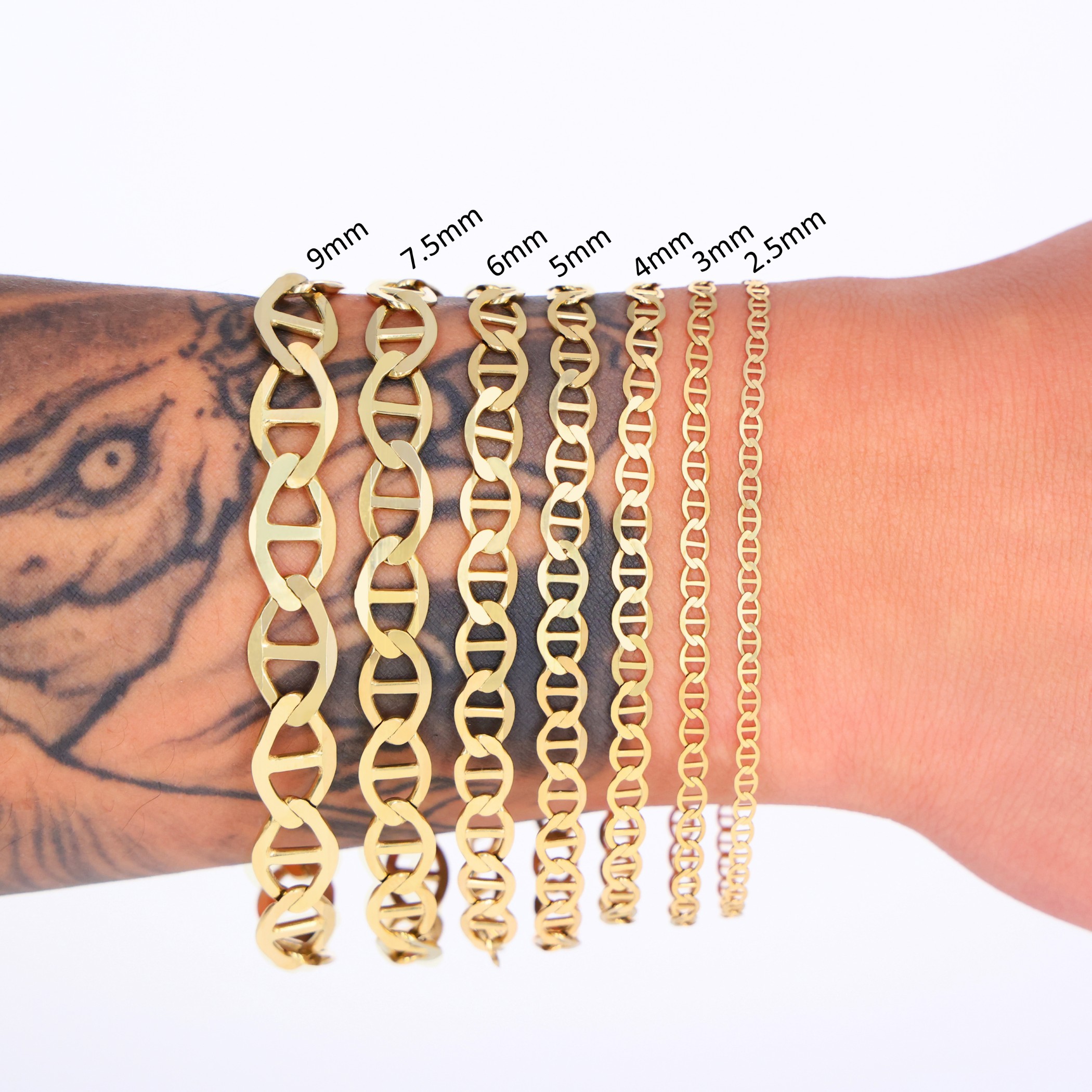 14K Yellow Gold Solid 3mm-7.5mm Mariner Anchor Link Chain