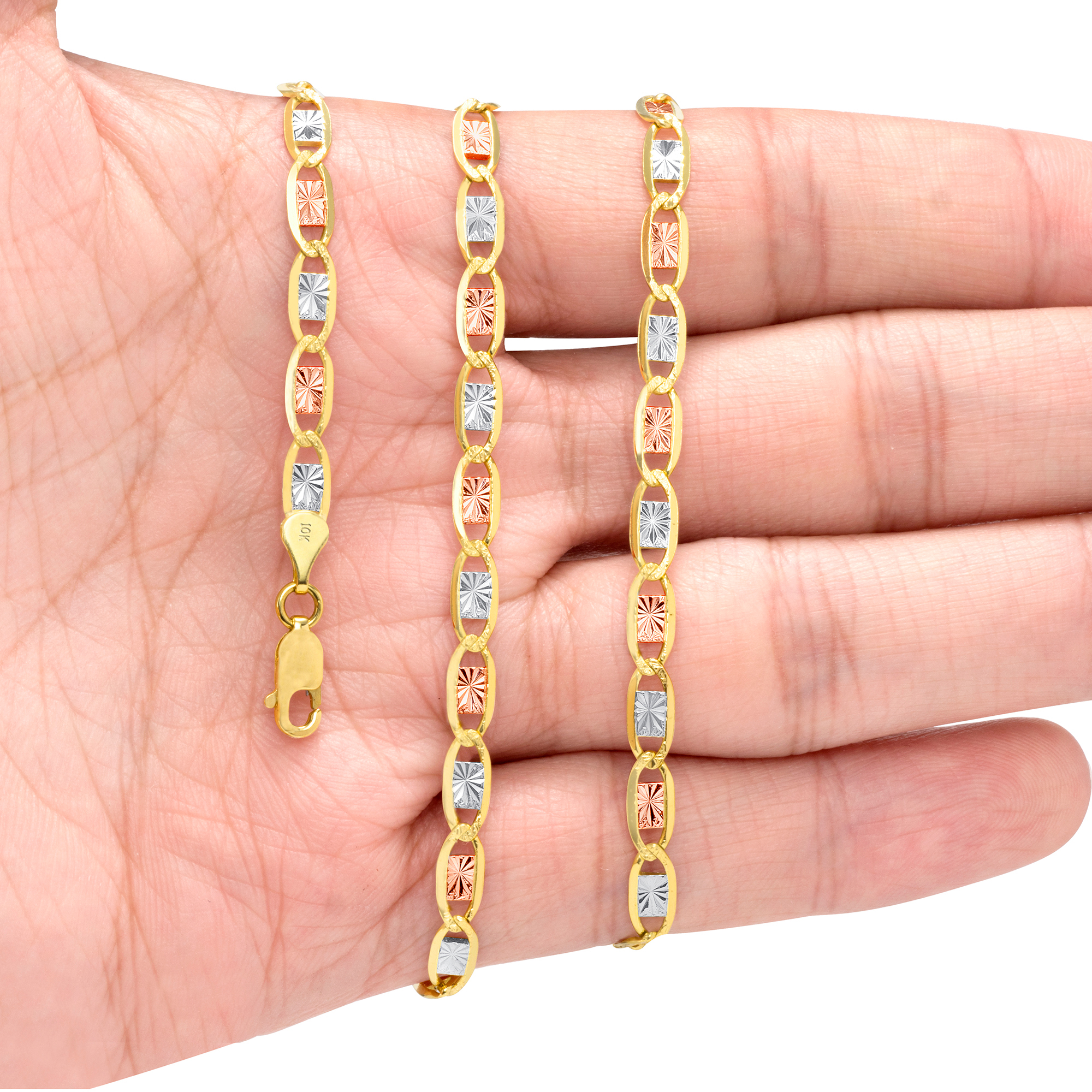10K Solid Tri Yellow Rose White Gold 4mm Valentino Chain