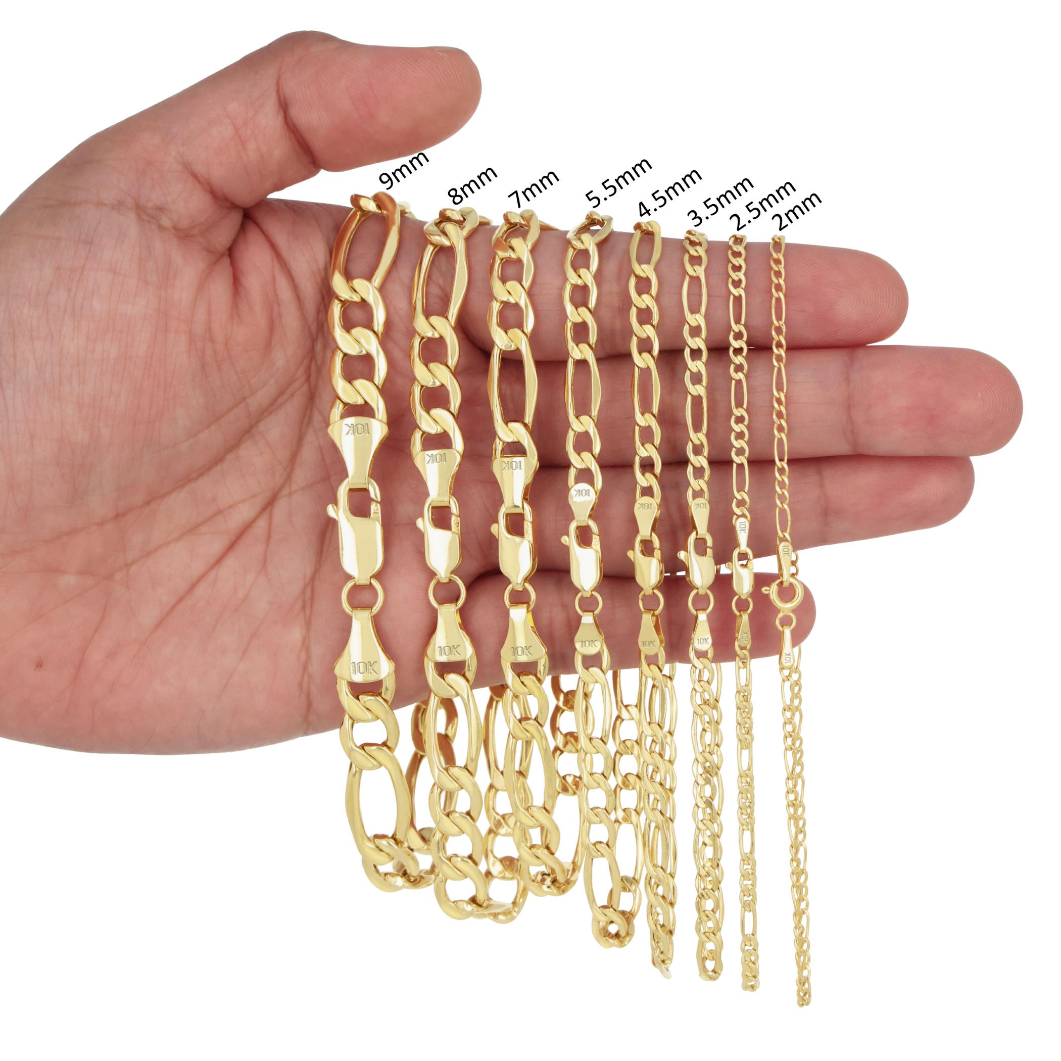 10K Yellow Gold 2mm-9mm Italian Figaro Chain Link Bracelet Mens 