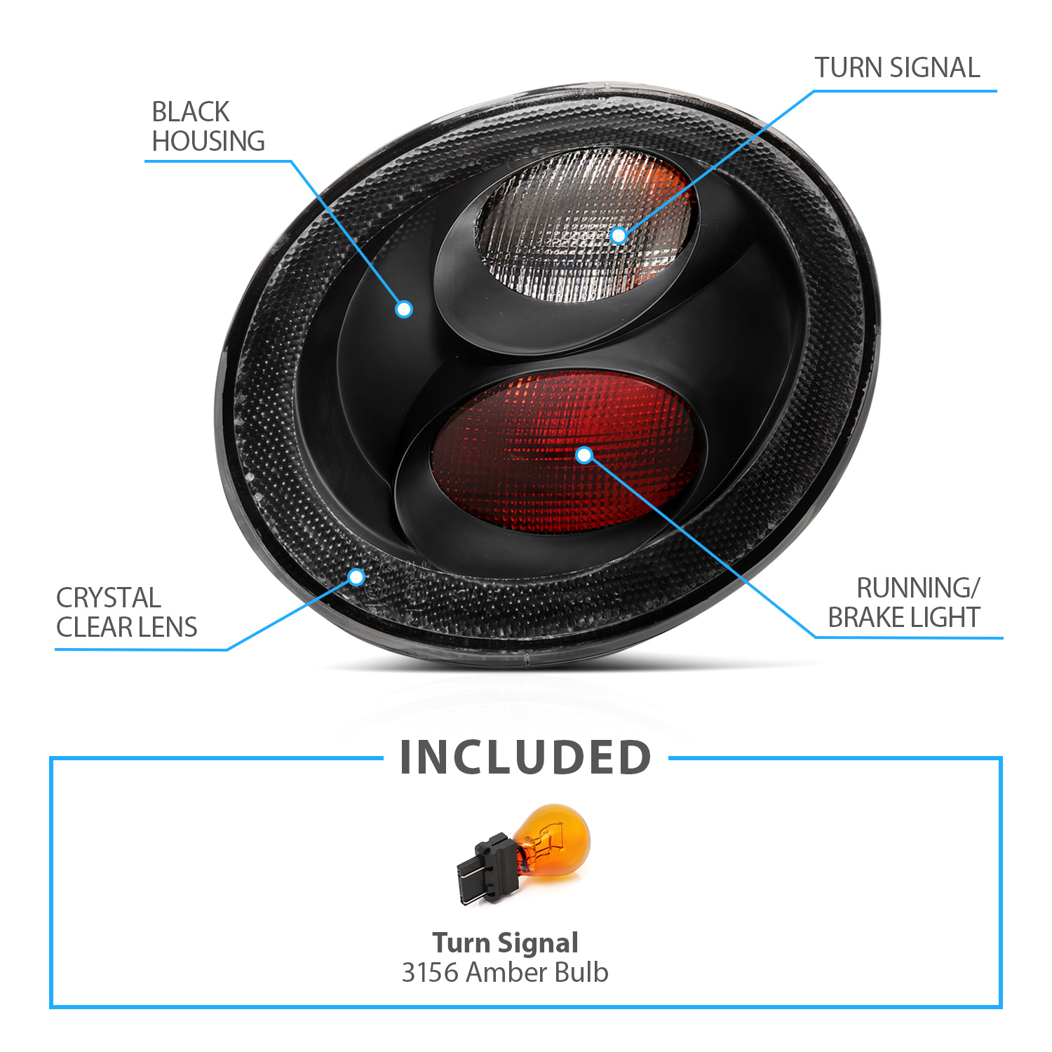 thumbnail image 2 of Black Euro Rear Tail Light Pair For 1998-2005 Volkswagen VW Beetle – Clear Lens, DOT/SAE 2 of 4